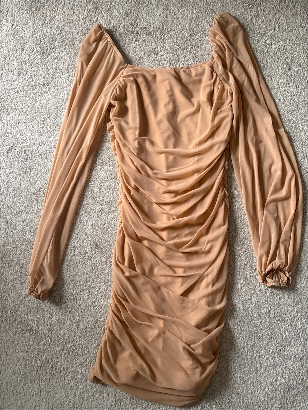 Amazon Peach Beige Ruched Long Sleeve Bodycon Dress